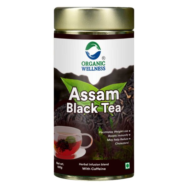 Organic Wellness Assam Black Tea 100 gm Tin authentic retail packaging front view showcasing bottle / container, brand logo, and certified organic seal