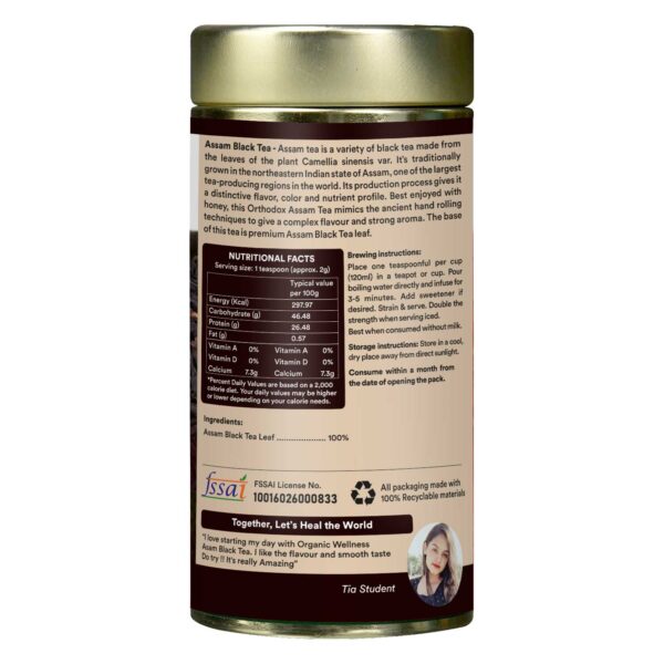 Organic Wellness Assam Black Tea 100 gm Tin side packaging label showing nutritional information, certified organic ingredients, active compounds, and dietary values