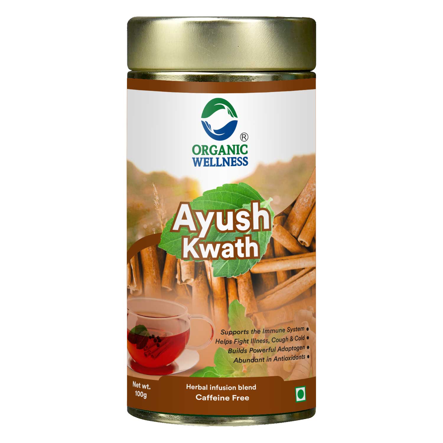 Organic Wellness Ayush Kwath 100 grams Tin Pack - Front View: Retail Packaging & Brand Seal Organic Wellness Ayush Kwath 100 grams Tin Pack authentic retail packaging front view showcasing bottle / container, brand logo, and certified organic seal