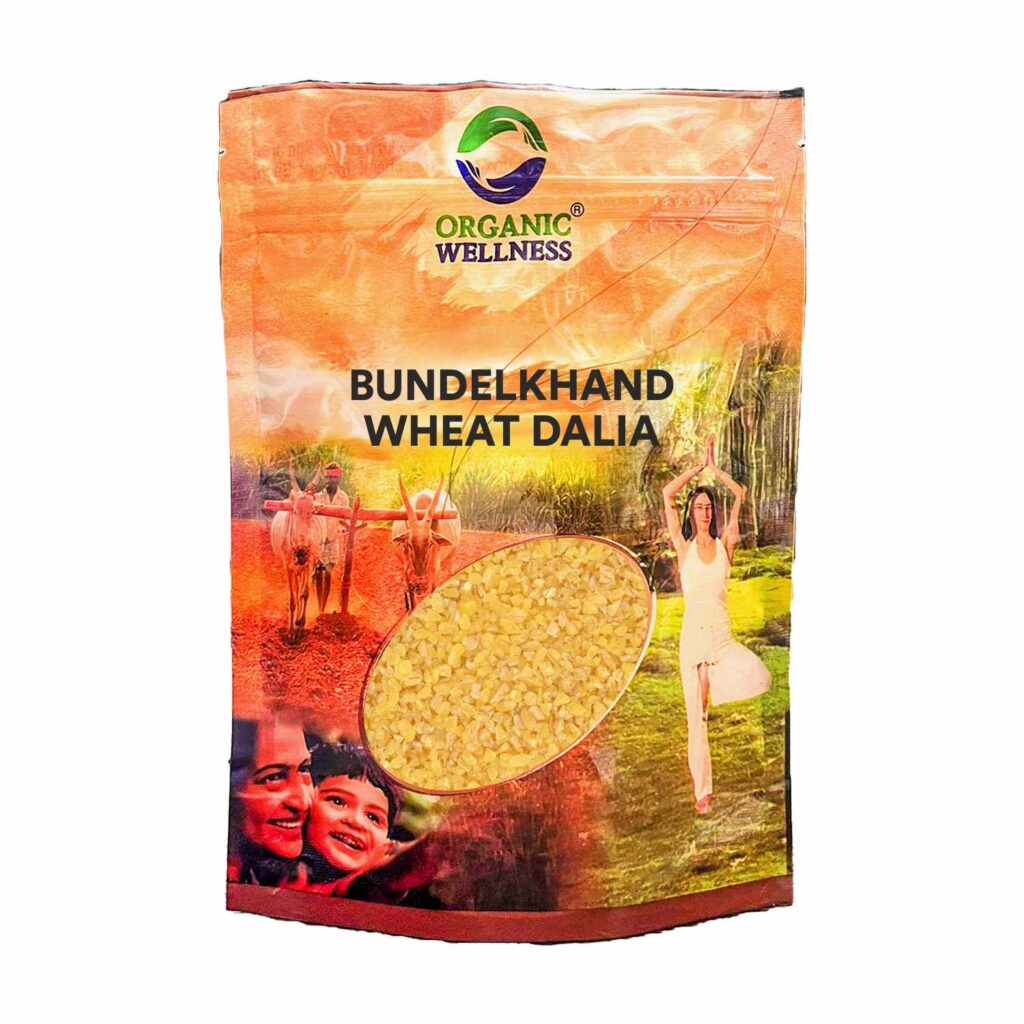 Organic Wellness Bundelkhand Kathiya Wheat Dalia 450 grams authentic retail packaging front view showcasing bottle / container, brand logo, and certified organic seal
