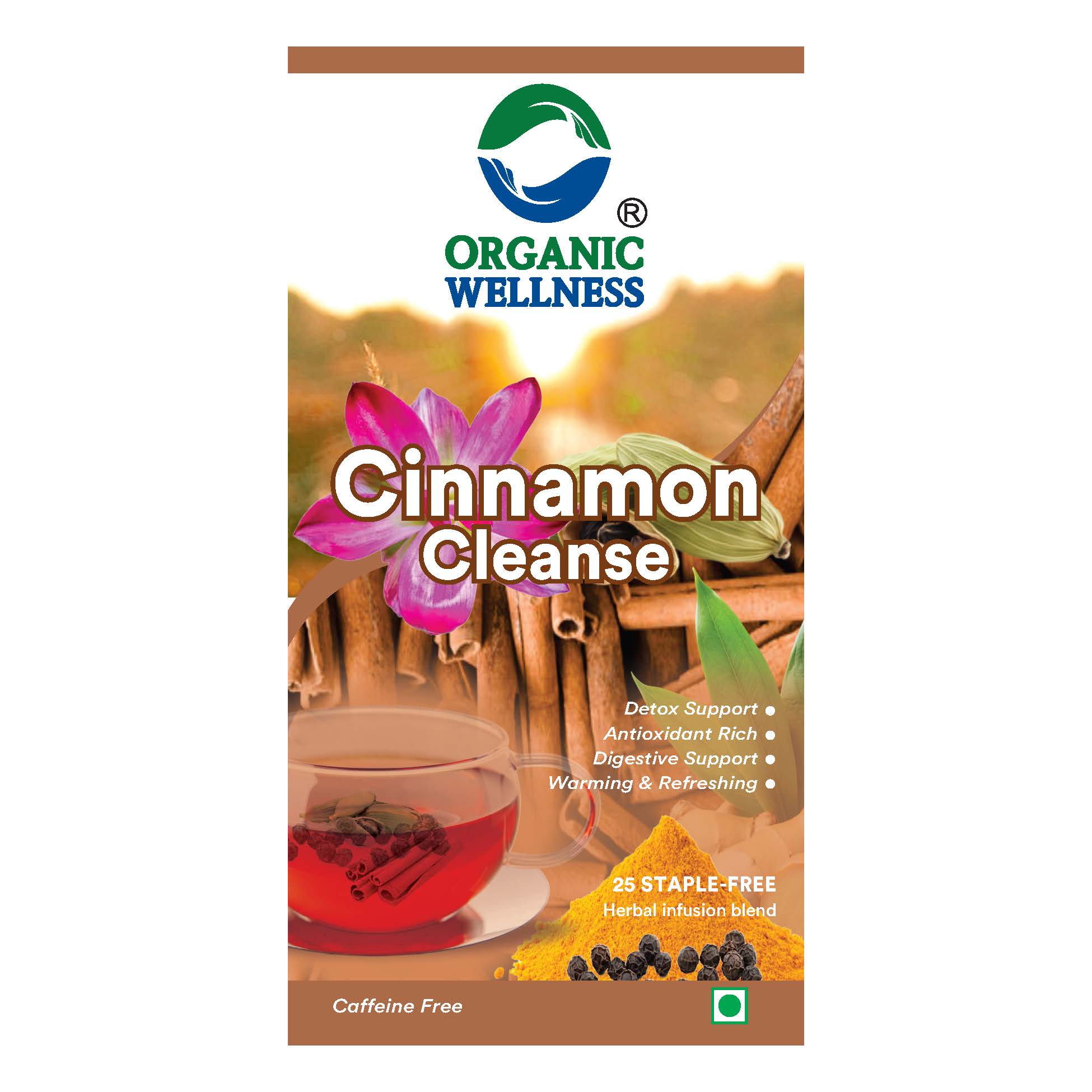 Organic Wellness Cinnamon Cleanse 25 Teabags - Front View: Retail Packaging & Brand Seal Organic Wellness Cinnamon Cleanse 25 Teabags authentic retail packaging front view showcasing bottle / container, brand logo, and certified organic seal
