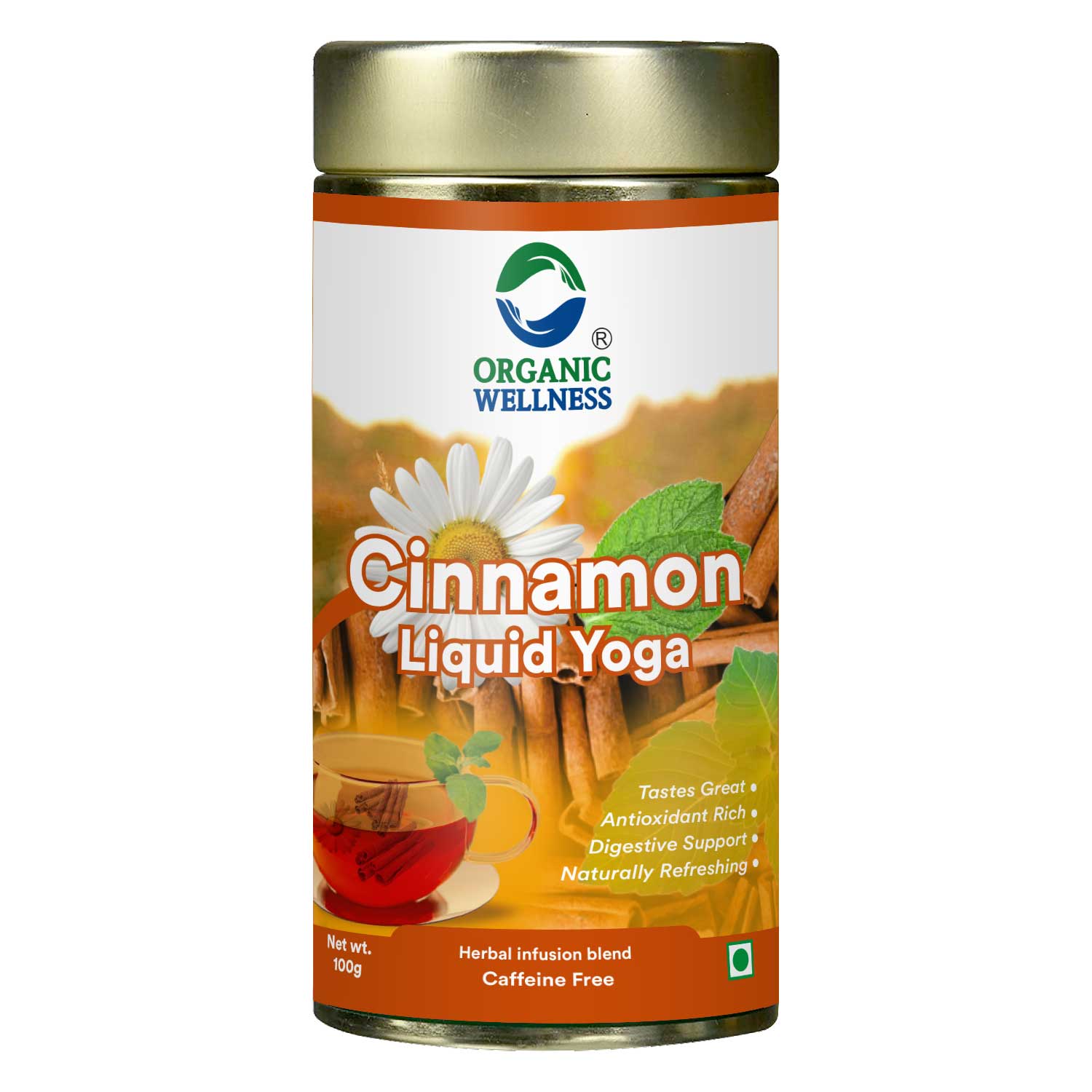Organic Wellness Cinnamon Liquid Yoga 100 grams Tin Pack - Front View: Retail Packaging & Brand Seal Organic Wellness Cinnamon Liquid Yoga 100 grams Tin Pack authentic retail packaging front view showcasing bottle / container, brand logo, and certified organic seal