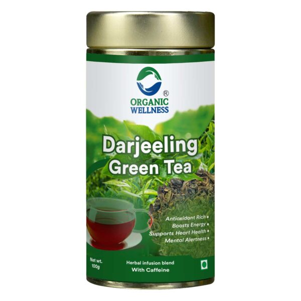 Organic Wellness Darjeeling Tea 100 Gram Tin authentic retail packaging front view showcasing bottle / container, brand logo, and certified organic seal
