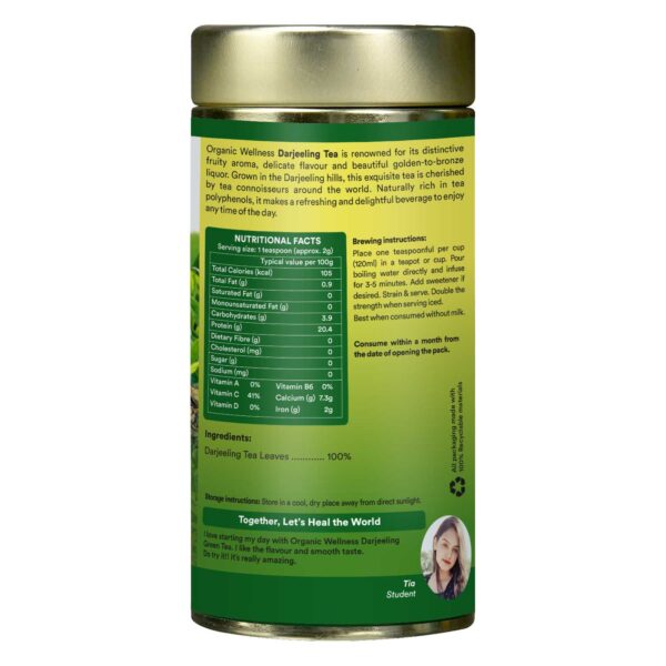 Organic Wellness Darjeeling Tea 100 Gram Tin side packaging label showing nutritional information, certified organic ingredients, active compounds, and dietary values