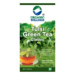 Organic Wellness Tulsi Green Tea Classic 25 Teabags authentic retail packaging front view showcasing bottle / container, brand logo, and certified organic seal