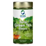 Organic Wellness Tulsi Green Tea Classic 100 grams Tin Pack authentic retail packaging front view showcasing bottle / container, brand logo, and certified organic seal