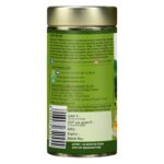 Organic Wellness Tulsi Green Tea Classic 100 grams Tin Pack product packaging label displaying directions for use, daily dosage, storage guidelines, and certified manufacturer details