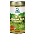 Organic Wellness Tulsi Green Tea Premium 100 grams Tin Pack authentic retail packaging front view showcasing bottle / container, brand logo, and certified organic seal