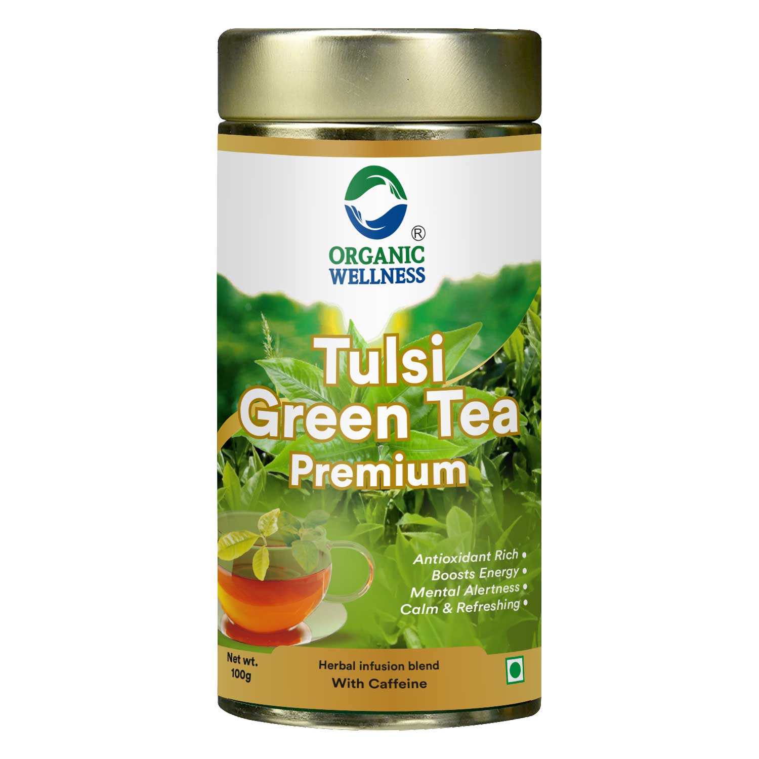 Organic Wellness Tulsi Green Tea Premium 100 grams Tin Pack - Front View: Retail Packaging & Brand Seal Organic Wellness Tulsi Green Tea Premium 100 grams Tin Pack authentic retail packaging front view showcasing bottle / container, brand logo, and certified organic seal