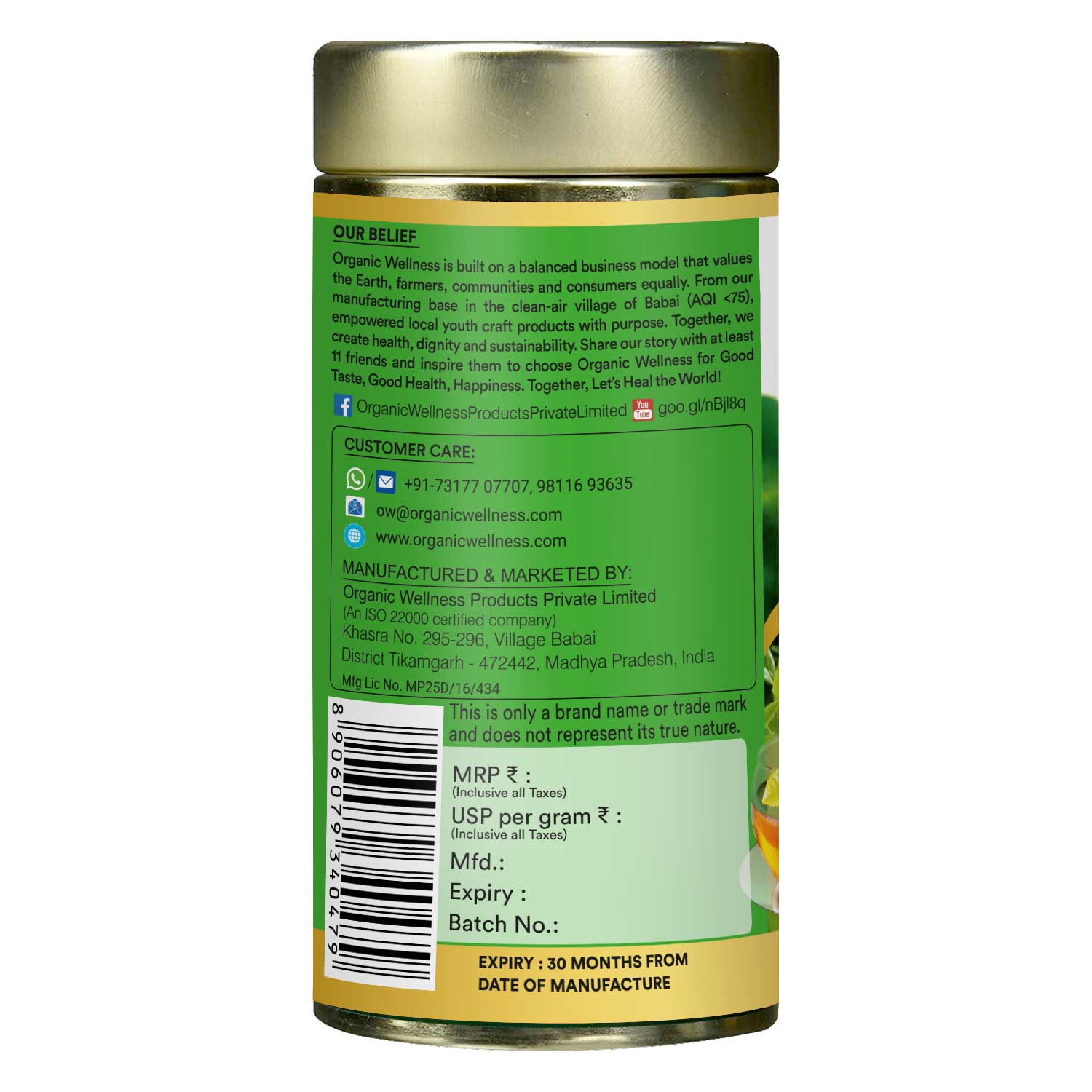 Organic Wellness Tulsi Green Tea Premium 100 grams Tin Pack - Side Label: Directions for Use & Manufacturer Information Organic Wellness Tulsi Green Tea Premium 100 grams Tin Pack product packaging label displaying directions for use, daily dosage, storage guidelines, and certified manufacturer details