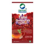 Organic Wellness Tulsi Green Tea + Saffron 25 Teabags authentic retail packaging front view showcasing bottle / container, brand logo, and certified organic seal