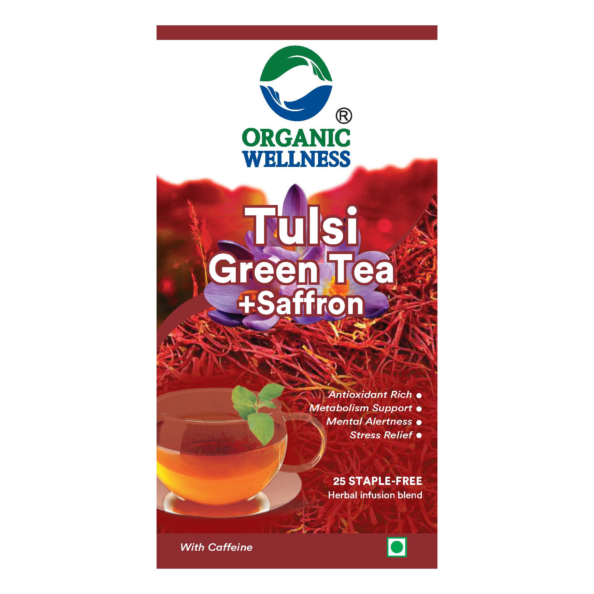 Organic Wellness Tulsi Green Tea + Saffron 25 Teabags - Front View: Retail Packaging & Brand Seal Organic Wellness Tulsi Green Tea + Saffron 25 Teabags authentic retail packaging front view showcasing bottle / container, brand logo, and certified organic seal