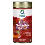 Organic Wellness Tulsi Green Tea + Saffron 100 grams Tin Pack authentic retail packaging front view showcasing bottle / container, brand logo, and certified organic seal