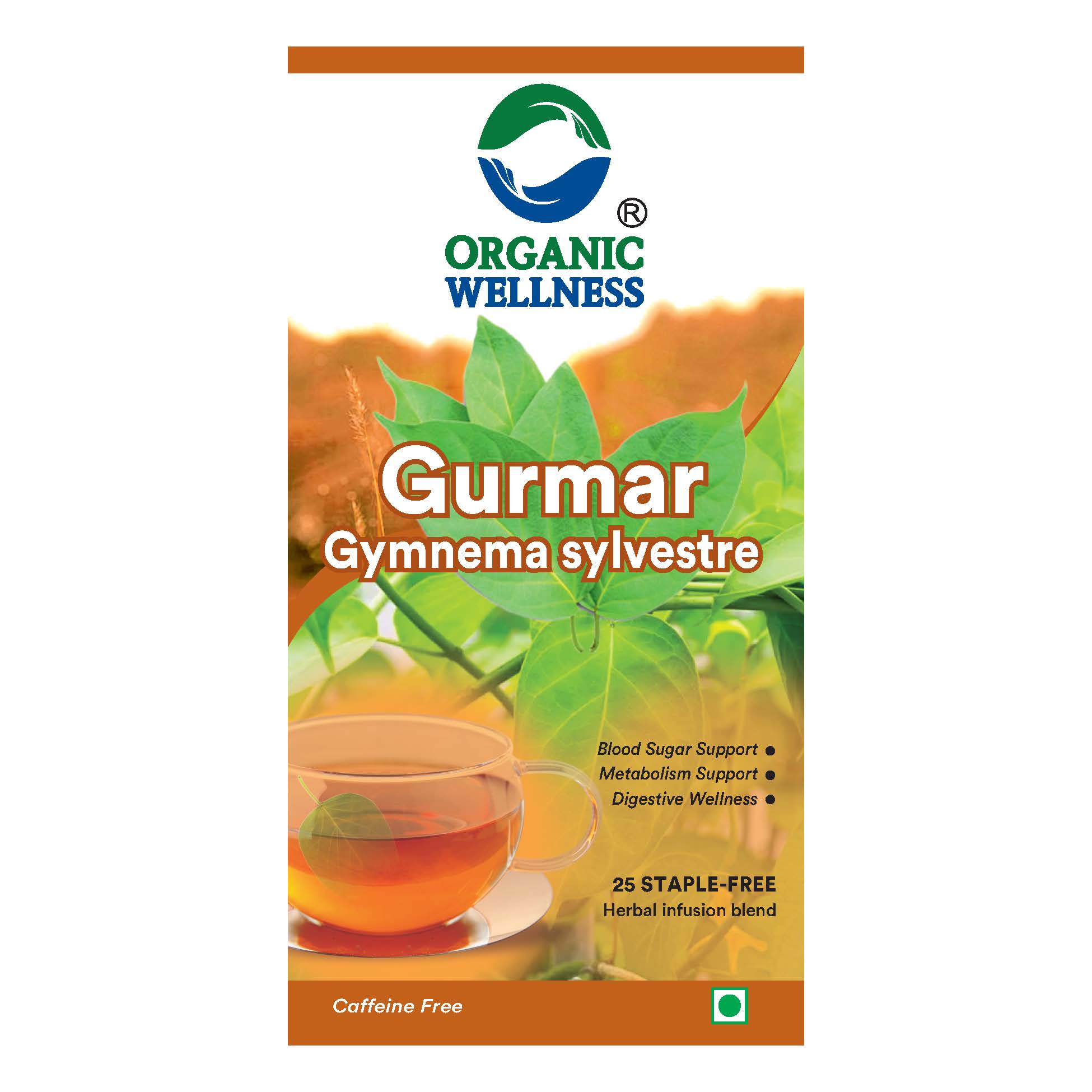 Organic Wellness Gurmaar Gymnema Sylvestre 25 Teabags - Front View: Retail Packaging & Brand Seal Organic Wellness Gurmaar Gymnema Sylvestre 25 Teabags authentic retail packaging front view showcasing bottle / container, brand logo, and certified organic seal