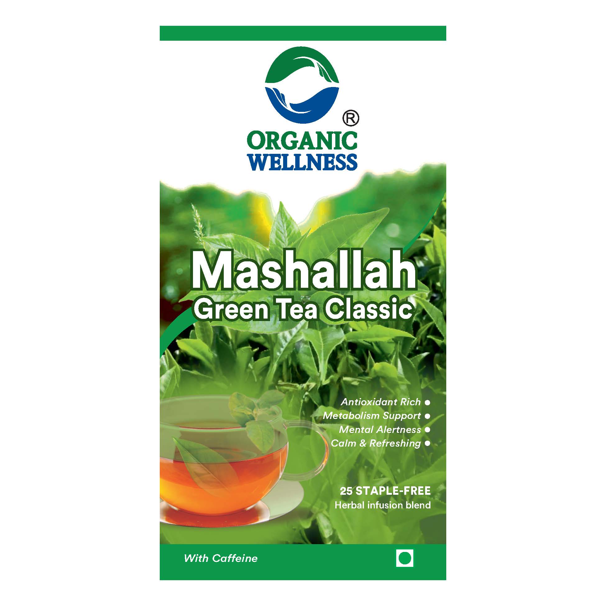 Organic Wellness Mashallah Green Tea Classic 25 Teabags - Front View: Retail Packaging & Brand Seal Organic Wellness Mashallah Green Tea Classic 25 Teabags authentic retail packaging front view showcasing bottle / container, brand logo, and certified organic seal