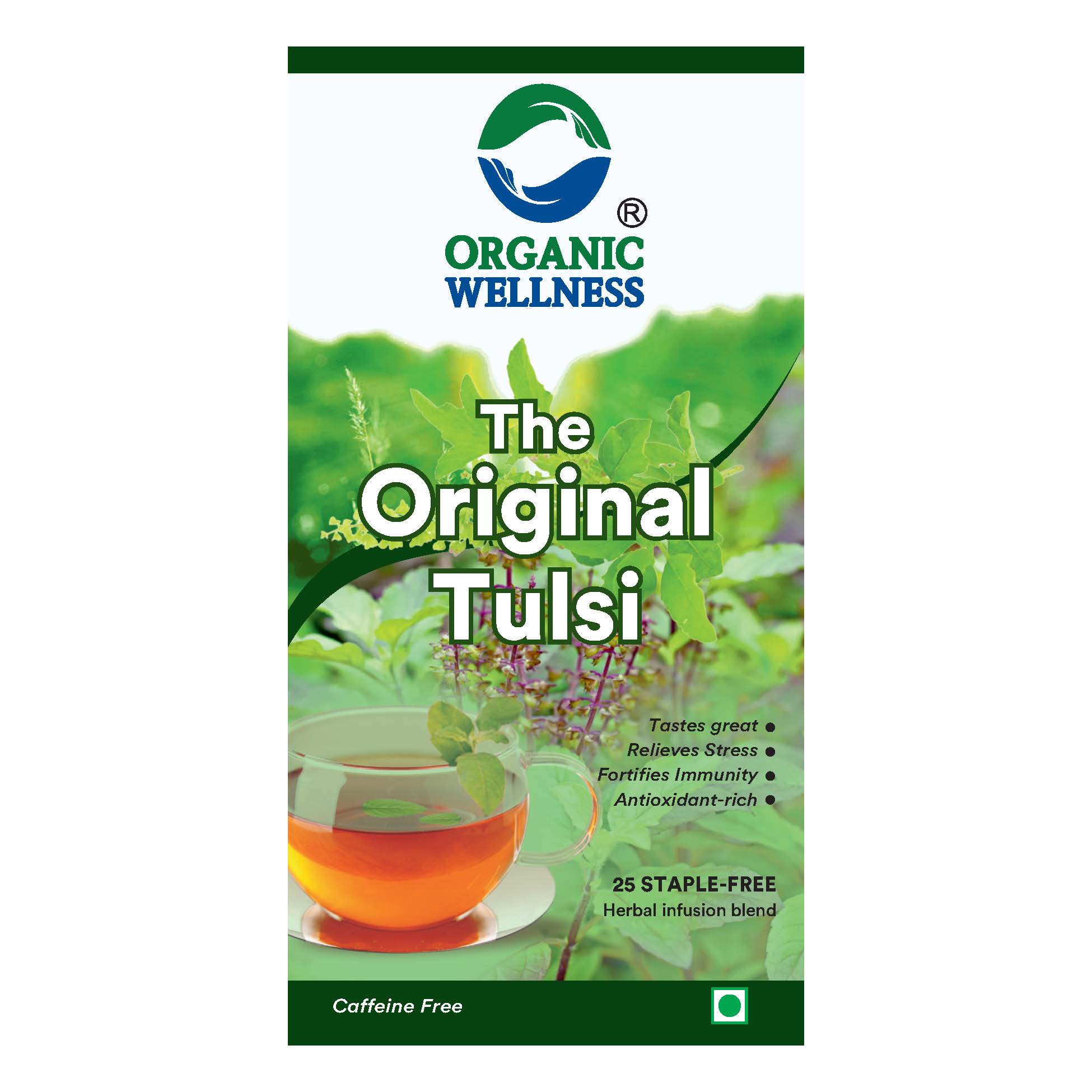 Organic Wellness The Original Tulsi 25 Teabags - Front View: Retail Packaging & Brand Seal Organic Wellness The Original Tulsi 25 Teabags authentic retail packaging front view showcasing bottle / container, brand logo, and certified organic seal