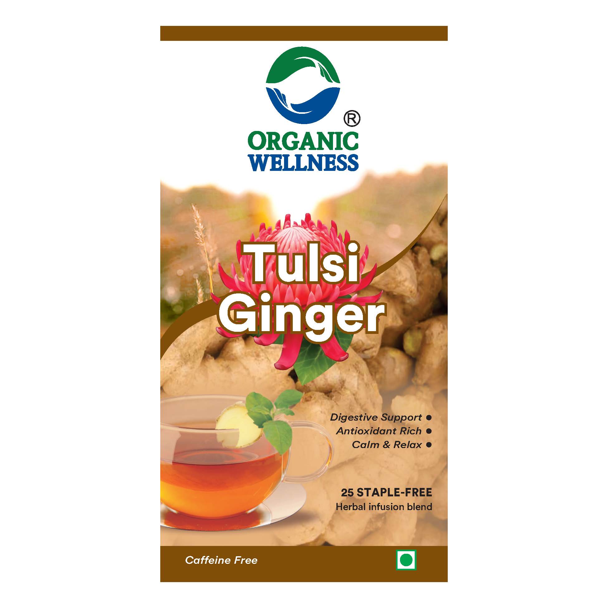 Organic Wellness Tulsi Ginger 25 Teabags - Front View: Retail Packaging & Brand Seal Organic Wellness Tulsi Ginger 25 Teabags authentic retail packaging front view showcasing bottle / container, brand logo, and certified organic seal
