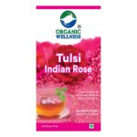 Organic Wellness Tulsi Indian Rose 25 Teabags authentic retail packaging front view showcasing bottle / container, brand logo, and certified organic seal