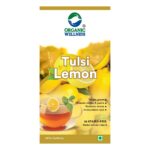 Organic Wellness Tulsi Lemon 25 Teabags authentic retail packaging front view showcasing bottle / container, brand logo, and certified organic seal