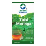 Organic Wellness Tulsi Moringa 25 Teabags authentic retail packaging front view showcasing bottle / container, brand logo, and certified organic seal