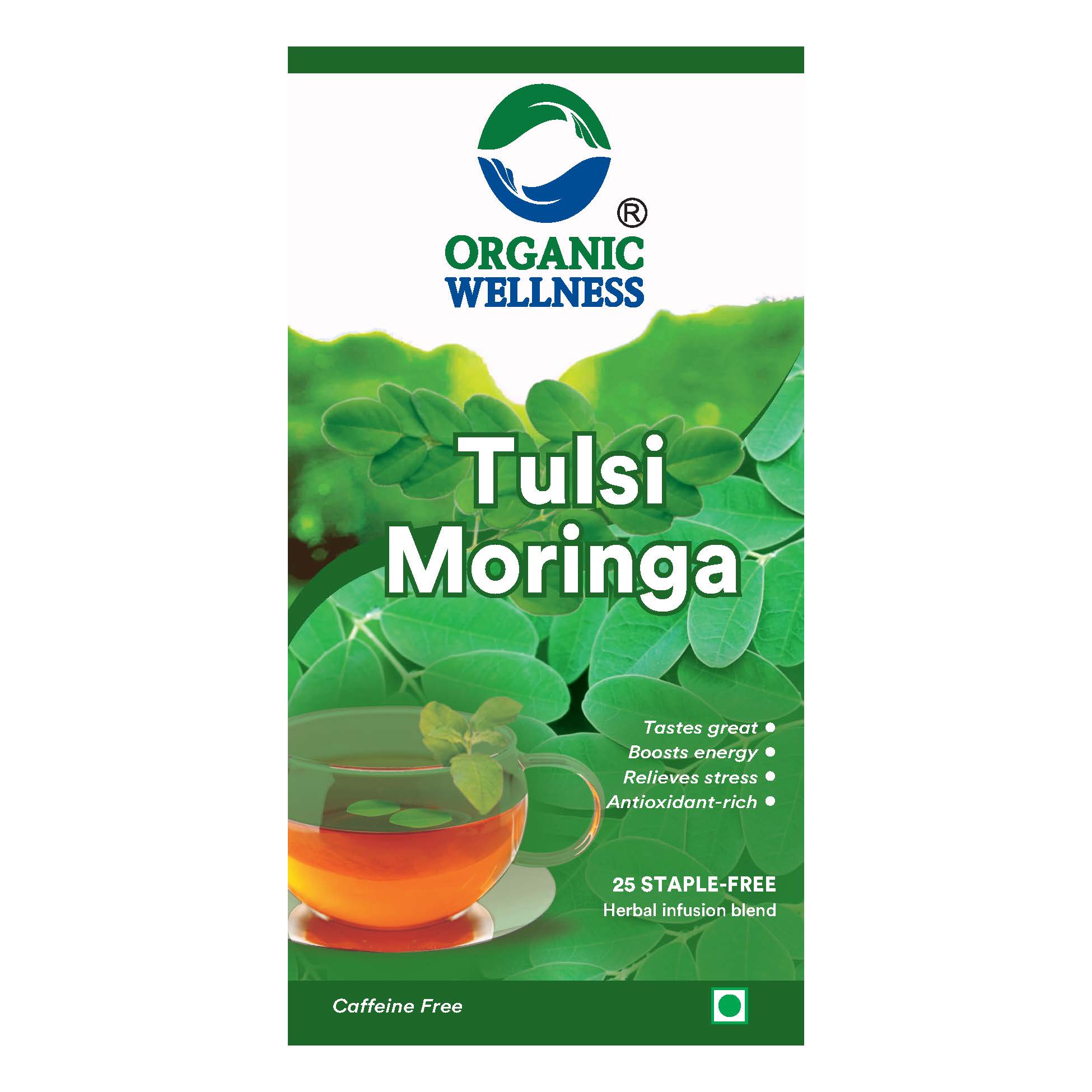 Organic Wellness Tulsi Moringa 25 Teabags - Front View: Retail Packaging & Brand Seal Organic Wellness Tulsi Moringa 25 Teabags authentic retail packaging front view showcasing bottle / container, brand logo, and certified organic seal