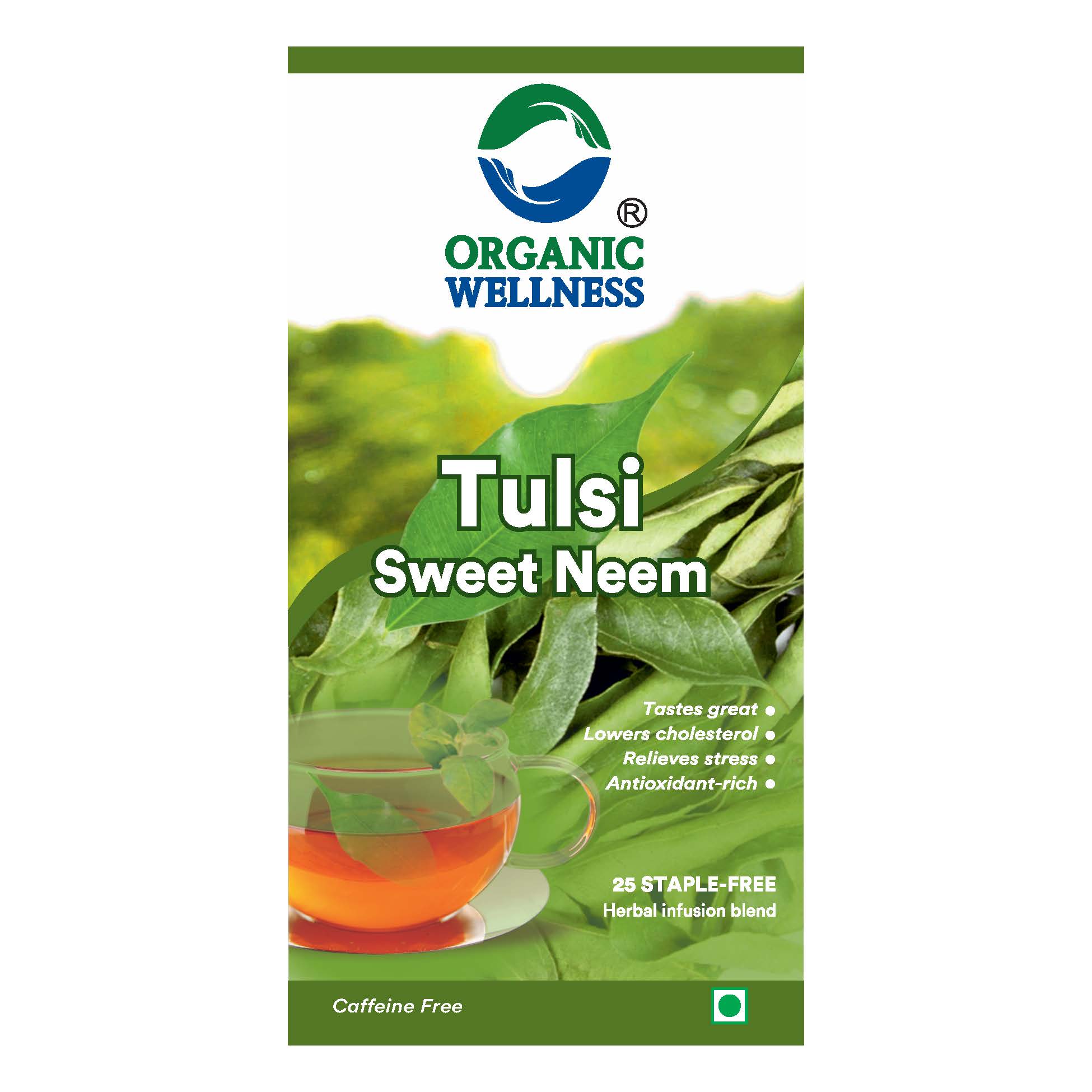 Organic Wellness Sweet Neem 25 Teabags - Front View: Retail Packaging & Brand Seal Organic Wellness Sweet Neem 25 Teabags authentic retail packaging front view showcasing bottle / container, brand logo, and certified organic seal