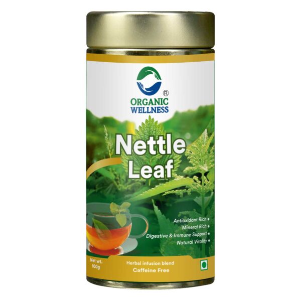 Organic Wellness Nettle Leaf Tea 100 Gram Tin authentic retail packaging front view showcasing bottle / container, brand logo, and certified organic seal