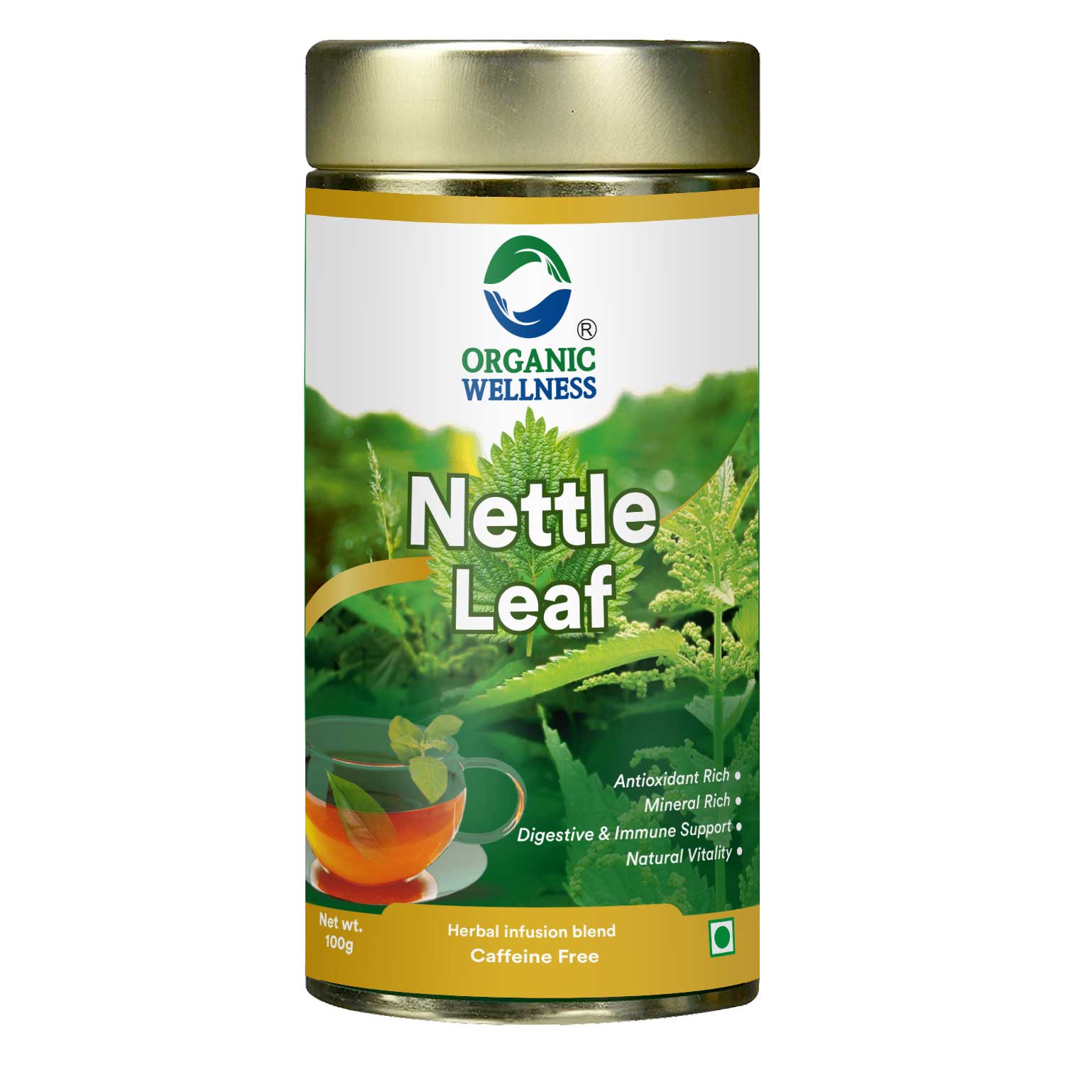 Organic Wellness Nettle Leaf Tea 100 Gram Tin - Front View: Retail Packaging & Brand Seal Organic Wellness Nettle Leaf Tea 100 Gram Tin authentic retail packaging front view showcasing bottle / container, brand logo, and certified organic seal
