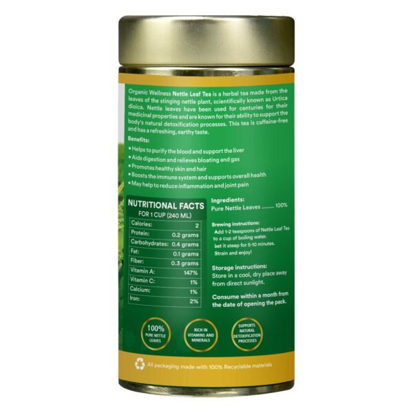 Organic Wellness Nettle Leaf Tea 100 Gram Tin side packaging label showing nutritional information, certified organic ingredients, active compounds, and dietary values