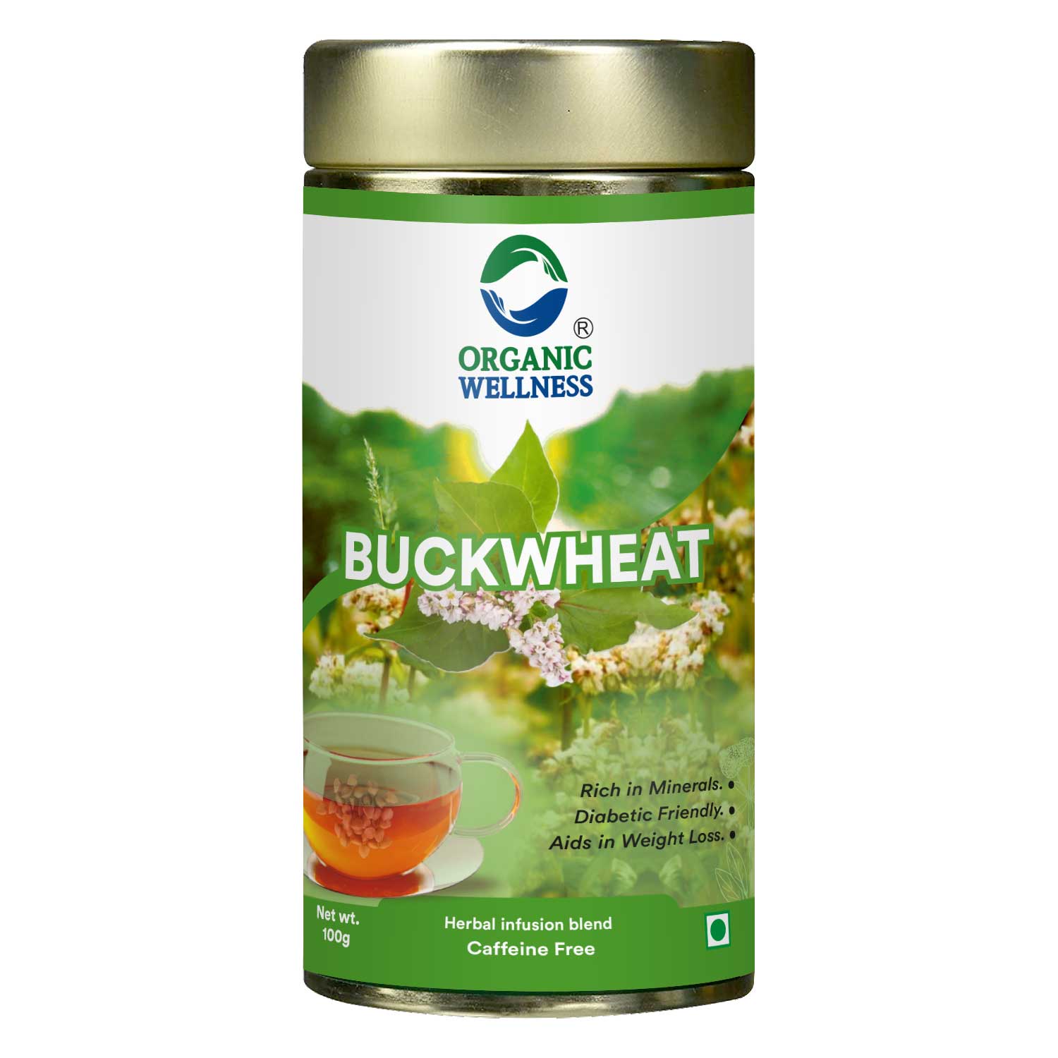 Organic Wellness Buckwheat Antioxidants in Every Sip 100 grams Tin Pack - Front View: Retail Packaging & Brand Seal Organic Wellness Buckwheat Antioxidants in Every Sip 100 grams Tin Pack authentic retail packaging front view showcasing bottle / container, brand logo, and certified organic seal