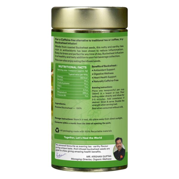 Organic Wellness Buckwheat Antioxidants in Every Sip 100 grams Tin Pack side packaging label showing nutritional information, certified organic ingredients, active compounds, and dietary values