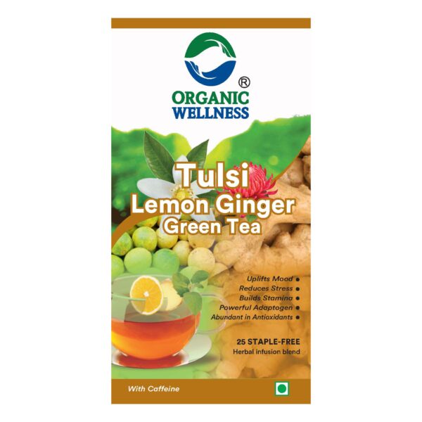 Organic Wellness Tulsi Lemon ginger Green Tea 25 Tea Bags Pack authentic retail packaging front view showcasing bottle / container, brand logo, and certified organic seal
