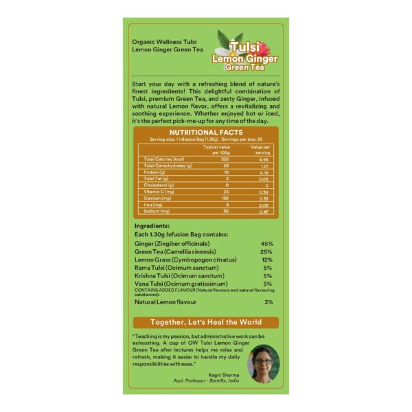 Key health benefits, natural wellness properties, and features of Organic Wellness Tulsi Lemon ginger Green Tea 25 Tea Bags Pack