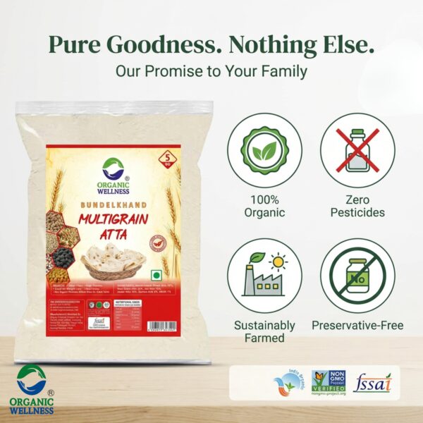 Organic Wellness Whole Wheat Multigrain Atta 5kg product packaging front view showing authentic bottle / tin