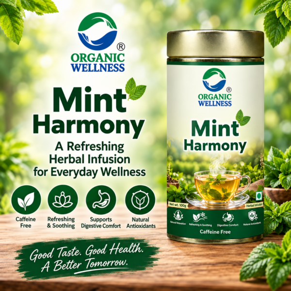Organic Wellness Mint Harmony Herbal Tea | Caffeine-Free Mint & Tulsi Herbal Infusion | Peppermint, Spearmint, Lemongrass & Tulsi Blend | Refreshing & Soothing | 100 gm