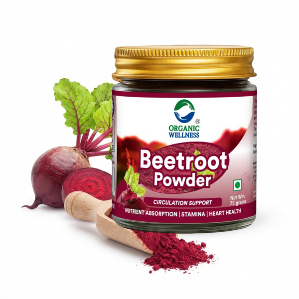 Organic Wellness Beetroot Powder Circulation Support 75 Gram Bottle product packaging front view showing authentic bottle / tin