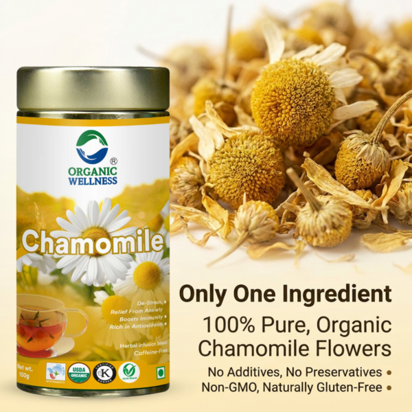 Key health benefits and wellness features of Organic Wellness Blossom Chamomile 100 grams Tin Pack