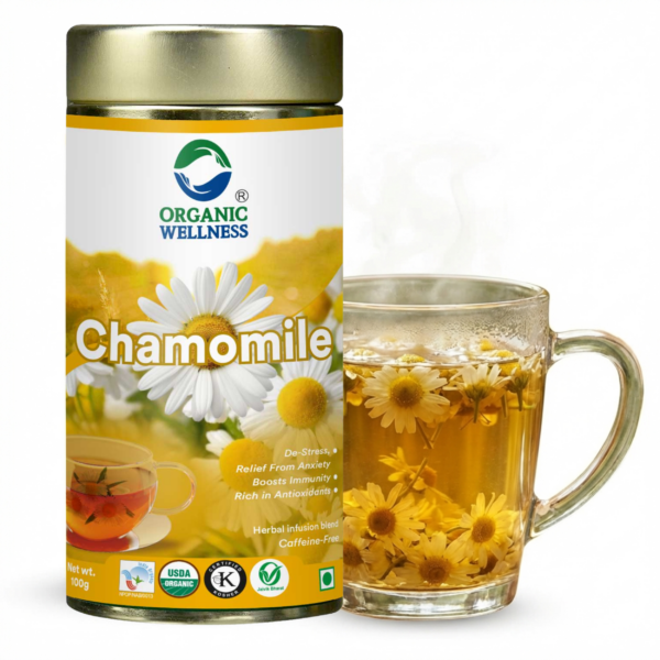 Organic Wellness Blossom Chamomile 100 grams Tin Pack product packaging front view showing authentic bottle / tin