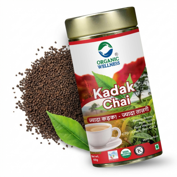Organic Wellness Kadak Chai CTC Black Tea 100g product packaging front view showing authentic bottle / tin