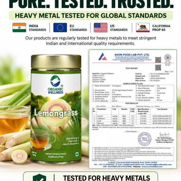 Organic Wellness Blossom Lemongrass 100 grams Tin Pack certified laboratory test report for heavy metals, purity, and safety standards