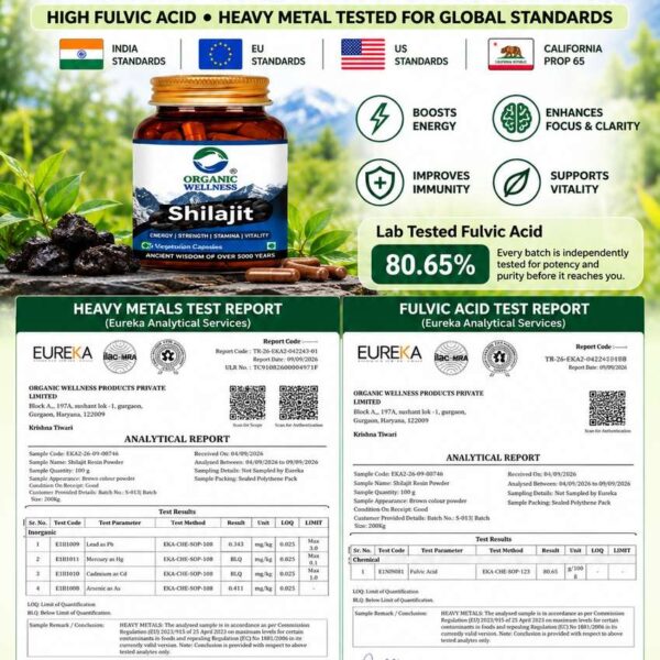 Organic Wellness Pure Himalayan Shilajit 60 Vegan Capsules certified laboratory test report for heavy metals, purity, and safety standards