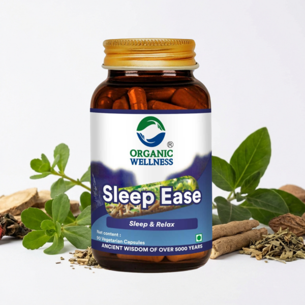 Organic Wellness Sleep Ease - Om-Shanti 90 Capsules authentic retail packaging front view showcasing bottle / container, brand logo, and certified organic seal