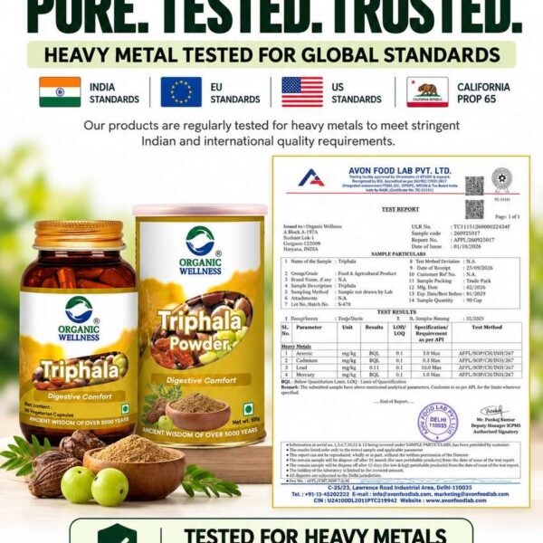 Organic Wellness Triphala 90 Capsules certified laboratory test report for heavy metals, purity, and safety standards