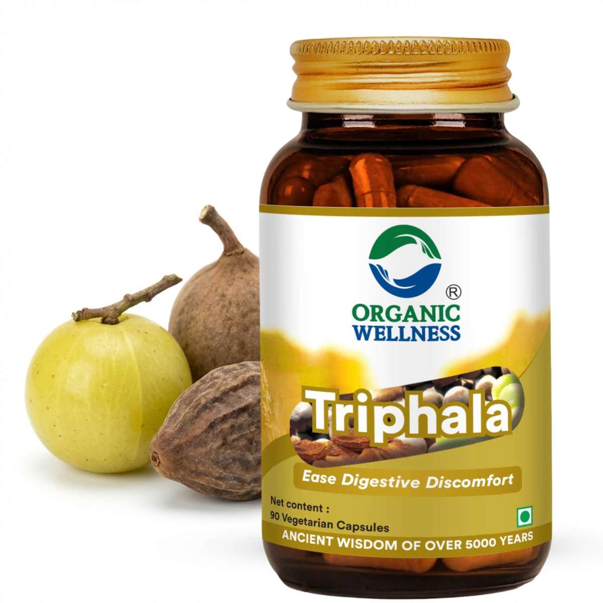Organic Wellness Triphala 90 Capsules - Front View Main Packaging Organic Wellness Triphala 90 Capsules product packaging front view showing authentic bottle / tin