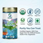 Secure packaging details and sealed container view of Organic Wellness Tulsi Brahmi 100 grams Tin Pack