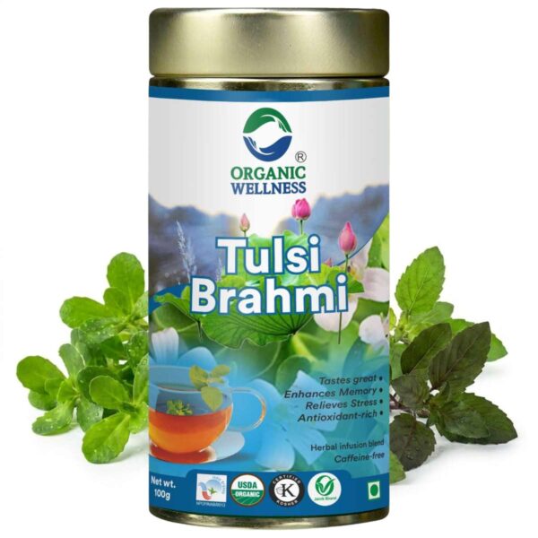 Organic Wellness Tulsi Brahmi 100 grams Tin Pack product packaging front view showing authentic bottle / tin