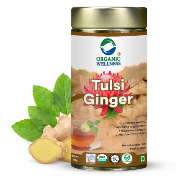 Organic Wellness Tulsi Ginger 100 grams Tin Pack product packaging front view showing authentic bottle / tin