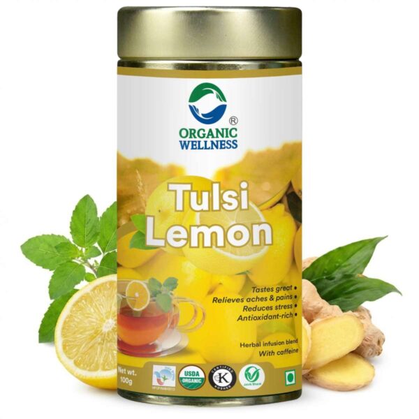 Organic Wellness Tulsi Lemon 100 grams Tin Pack product packaging front view showing authentic bottle / tin