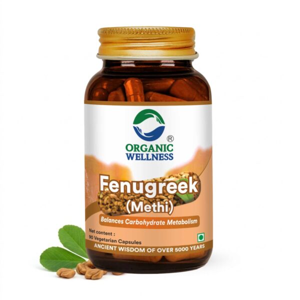 Organic Wellness Fenugreek Methi 90 Vegetarian Capsules product packaging front view showing authentic bottle / tin
